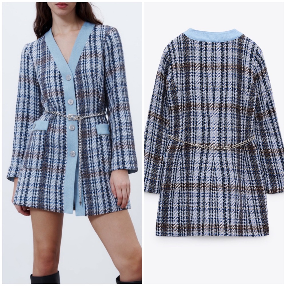 New Zara Woman Blue Tweed Combination Structured Denim Blazer Coat Dress SZ XS